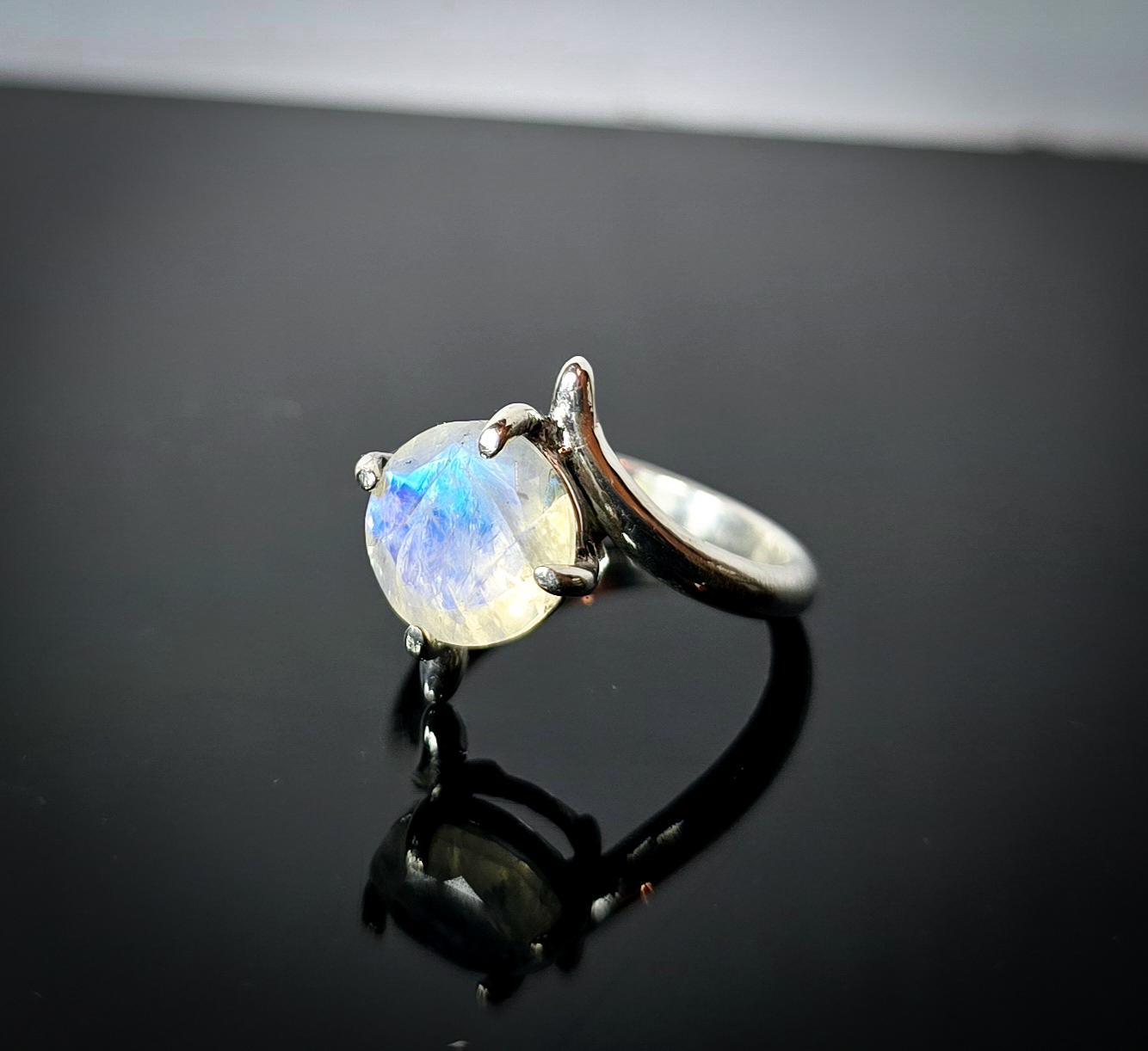 Rainbow Moonstone Gemstone Ring Handmade in Sterling Silver UK Size Q