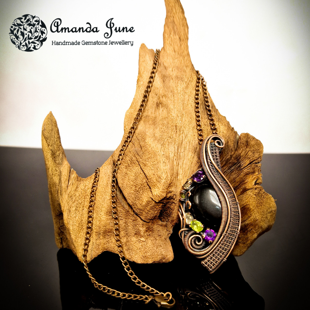 Onyx, Amethyst, Peridot and Citrine Copper Wire Wrapped Gemstone Pendant