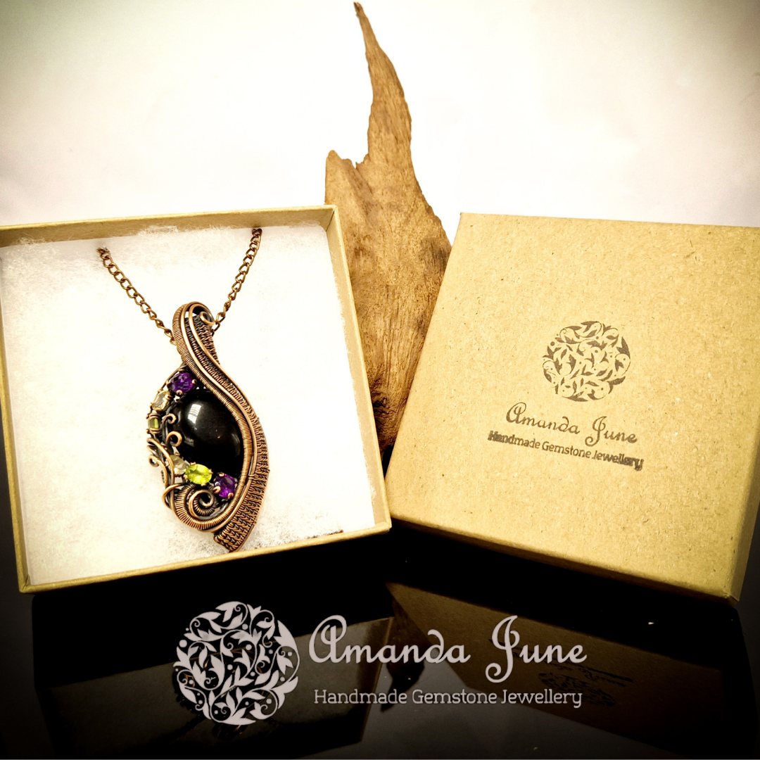 Onyx, Amethyst, Peridot and Citrine Copper Wire Wrapped Gemstone Pendant