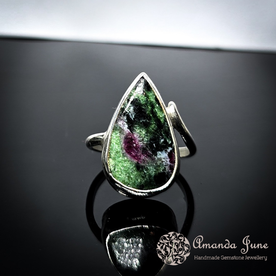 Ruby in Zoisite Gemstone Ring Handmade in Sterling Silver UK Size N 1/2