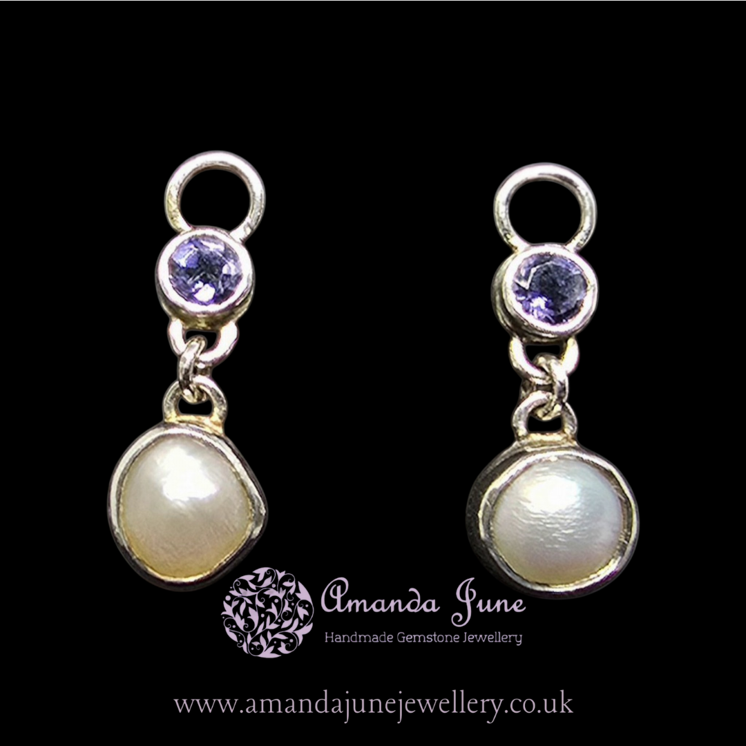 Iolite 'Water Sapphire' and Pearl Charms – Sterling Silver, Artisan Crafted, Natural Gemstone, June Birthstone