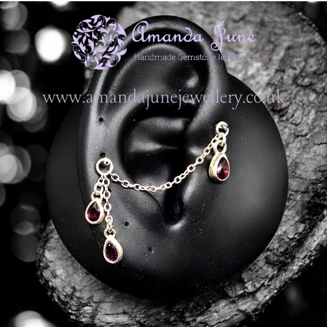 Garnet Teardrop Ear Chain - Sterling Silver - Ear Styling for Pierced Ears - Artisan Crafted - Natural Gemstone - January Birthstone