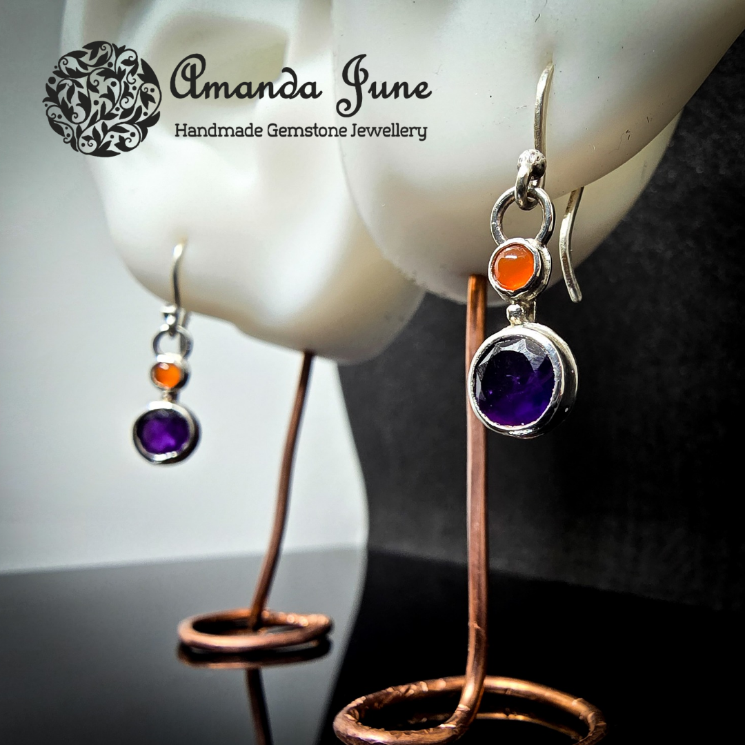Carnelian and Amethyst Dangle Earrings - Sterling Silver - Artisan Crafted - Natural Gemstone - February Birthstone