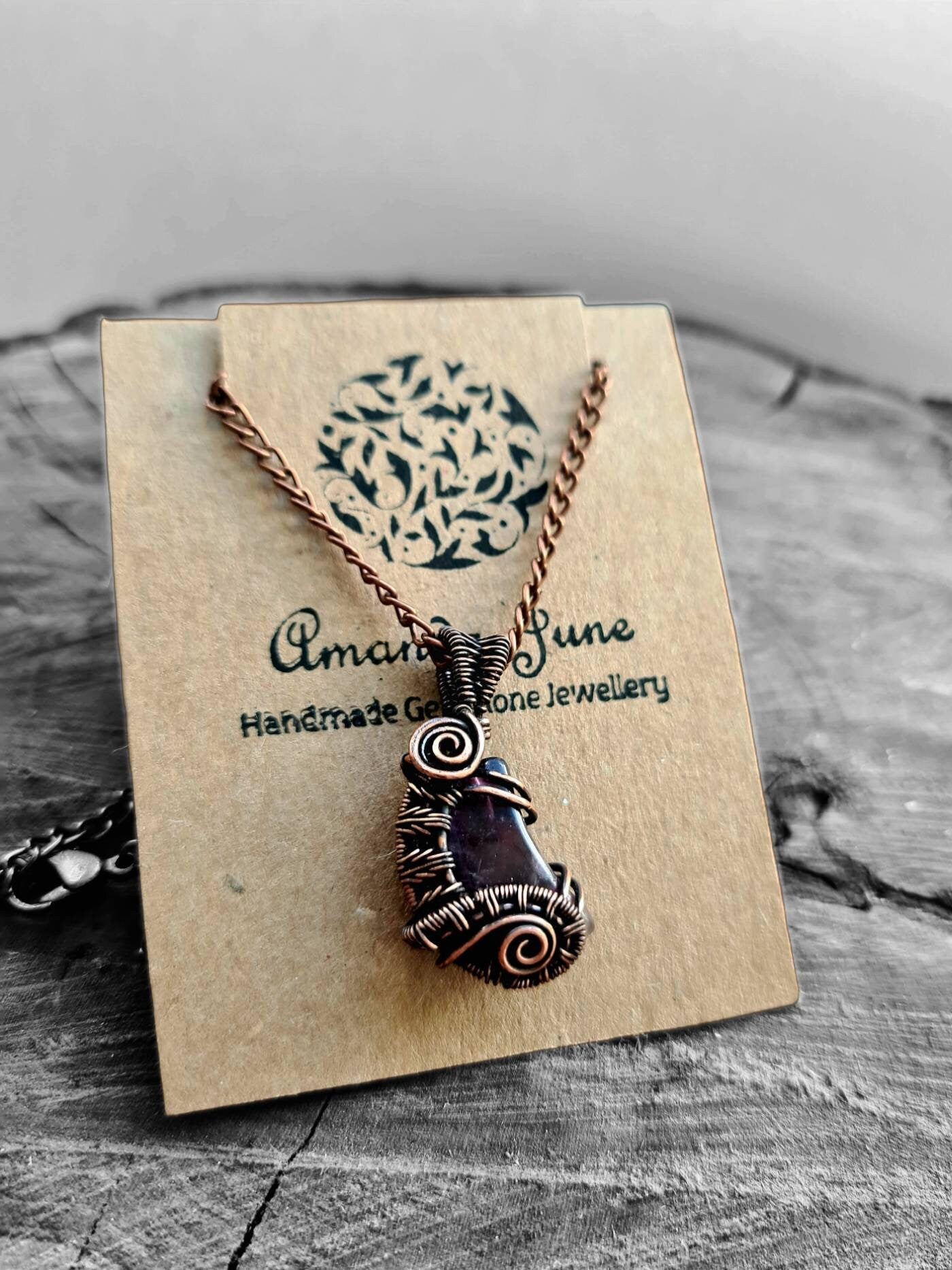 Amethyst Tiny Crescent Moon Wire Wrapped Pendant in Copper