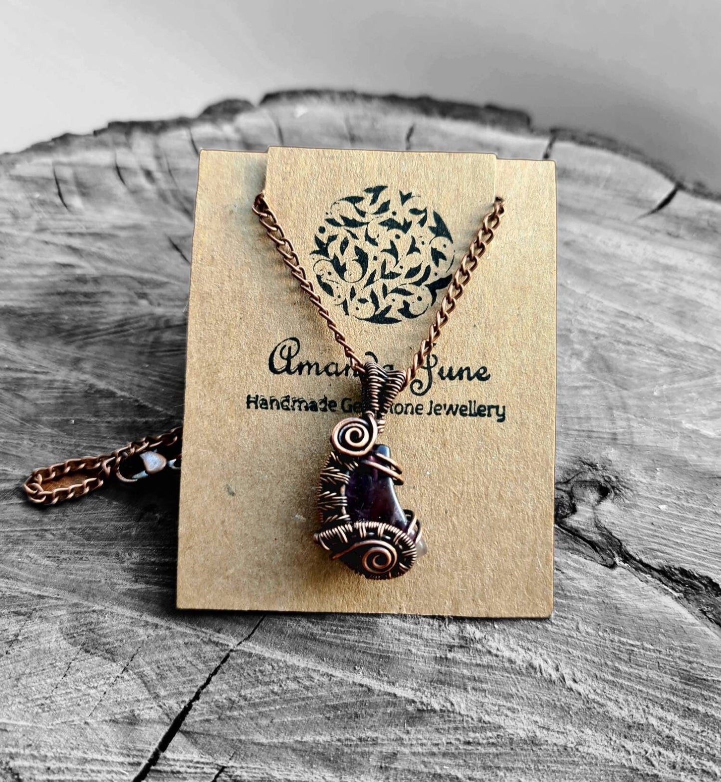 Amethyst Tiny Crescent Moon Wire Wrapped Pendant in Copper