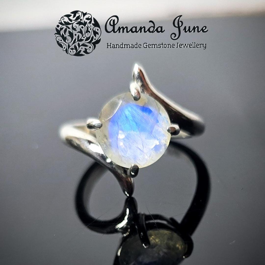 Rainbow Moonstone Gemstone Ring Handmade in Sterling Silver UK Size Q