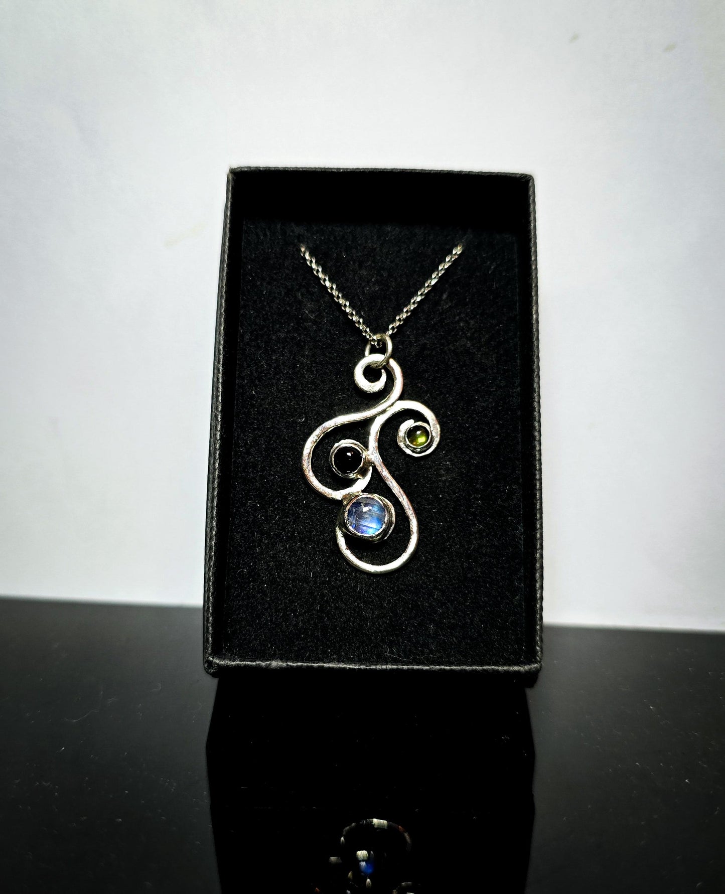 Rainbow Moonstone, Onyx and Peridot Gemstone Pendant Handmade in Sterling Silver