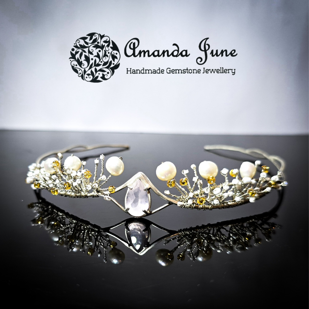 Rose Quartz and Natural Pearl Bridal Tiara Handmade in Sterling Silver