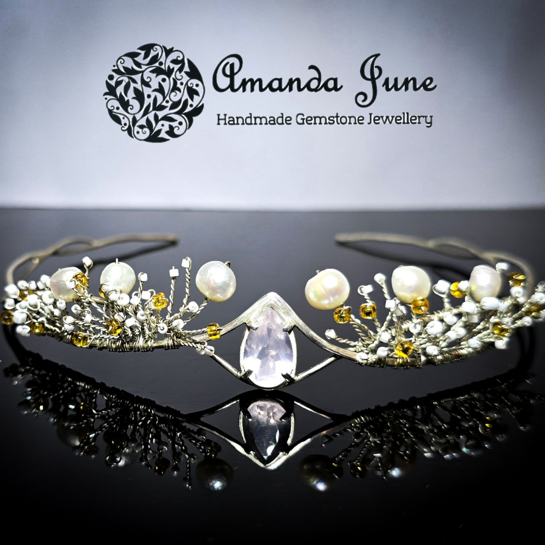 Rose Quartz and Natural Pearl Bridal Tiara Handmade in Sterling Silver