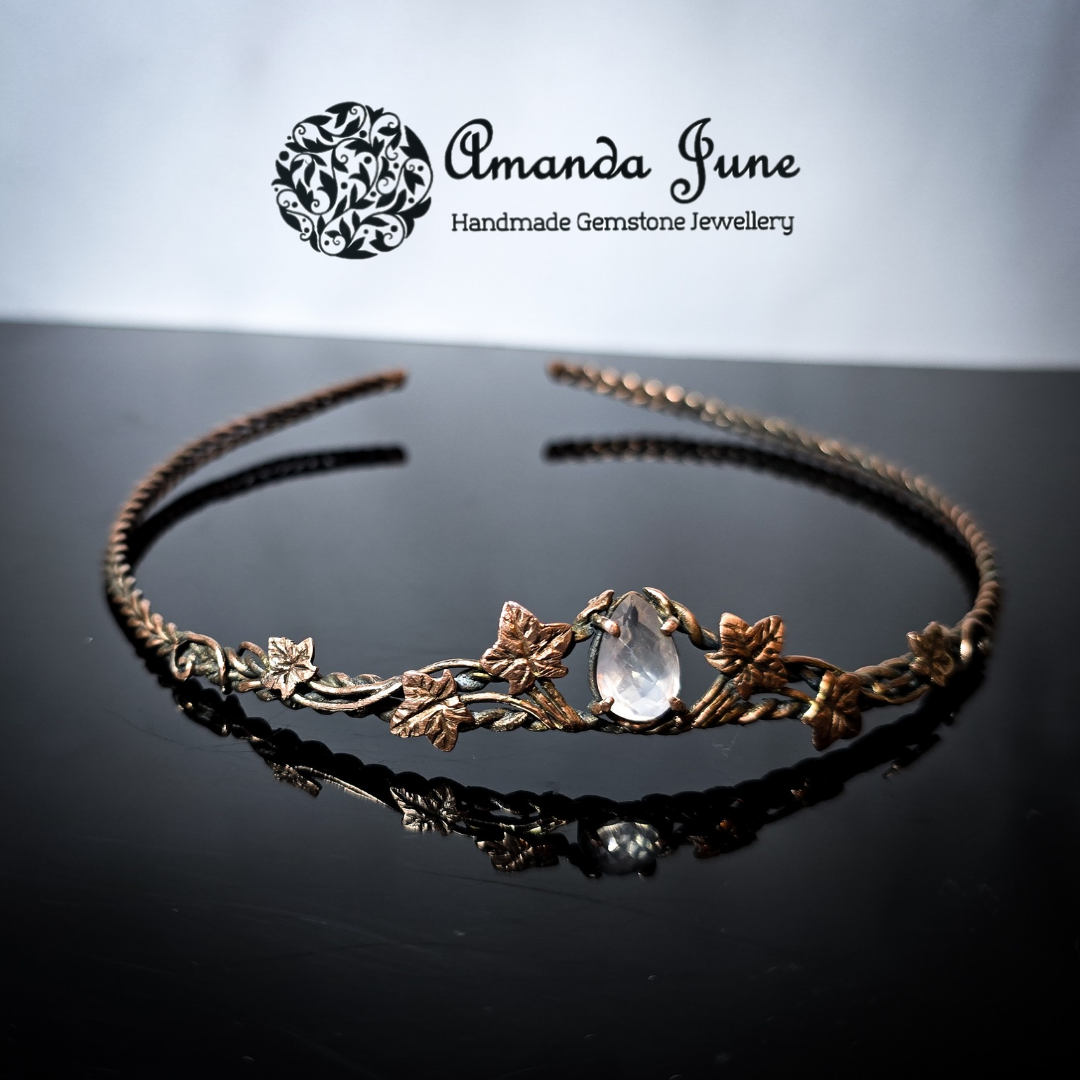Rose Quartz Ivy Leaf Bridal Tiara Handmade in Copper