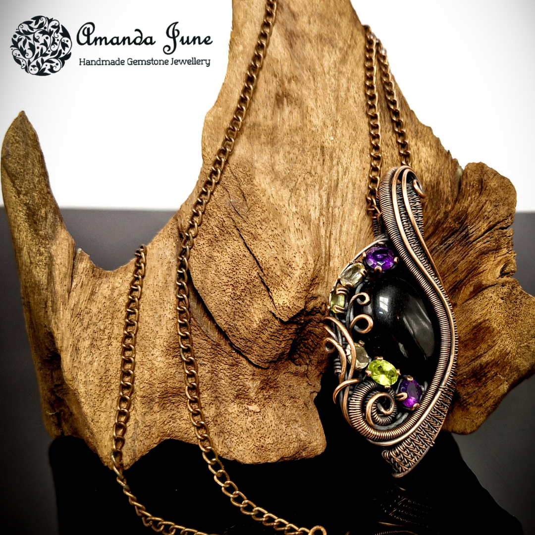 Onyx, Amethyst, Peridot and Citrine Copper Wire Wrapped Gemstone Pendant