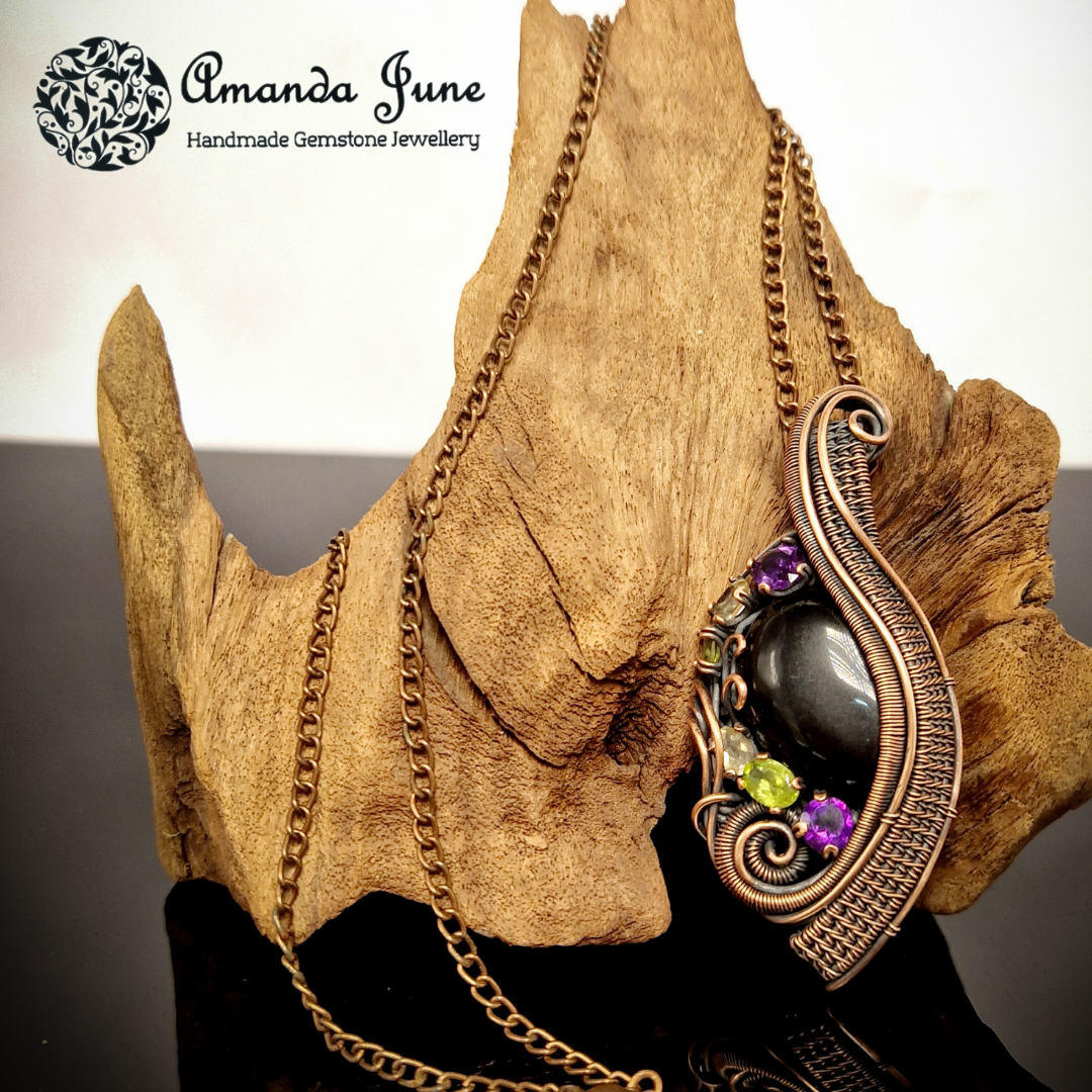 Onyx, Amethyst, Peridot and Citrine Copper Wire Wrapped Gemstone Pendant