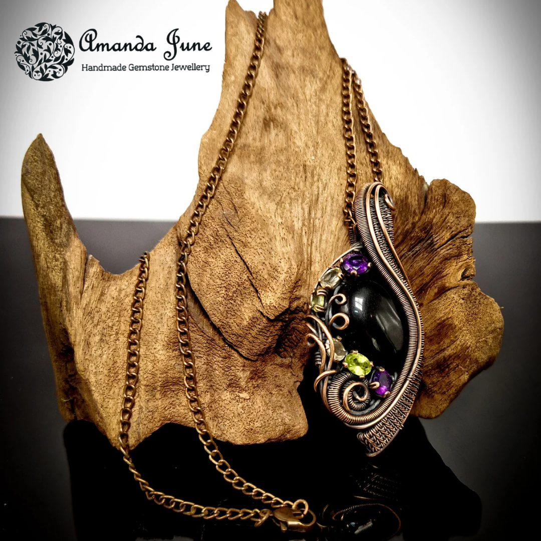 Onyx, Amethyst, Peridot and Citrine Copper Wire Wrapped Gemstone Pendant