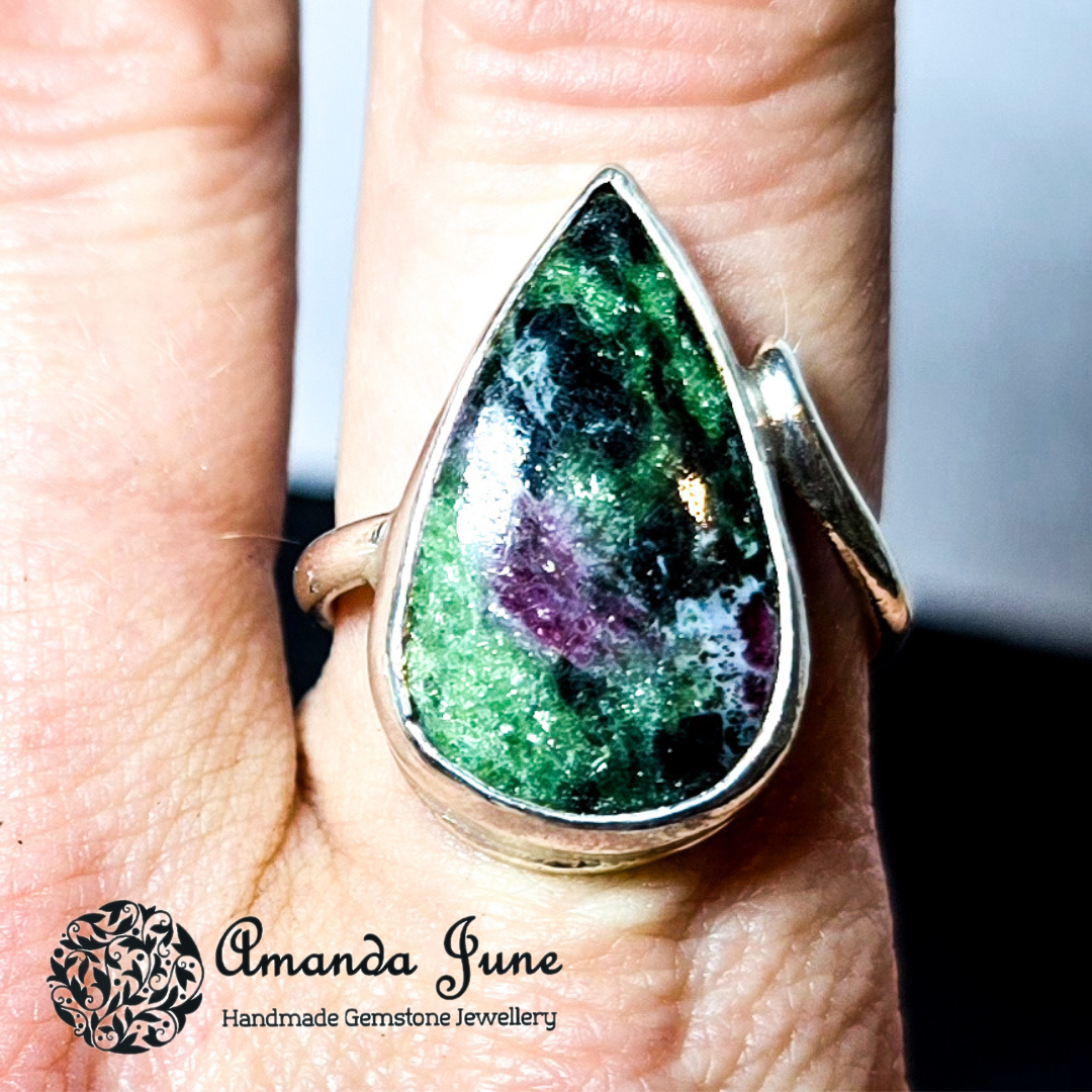 Ruby in Zoisite Gemstone Ring Handmade in Sterling Silver UK Size N 1/2