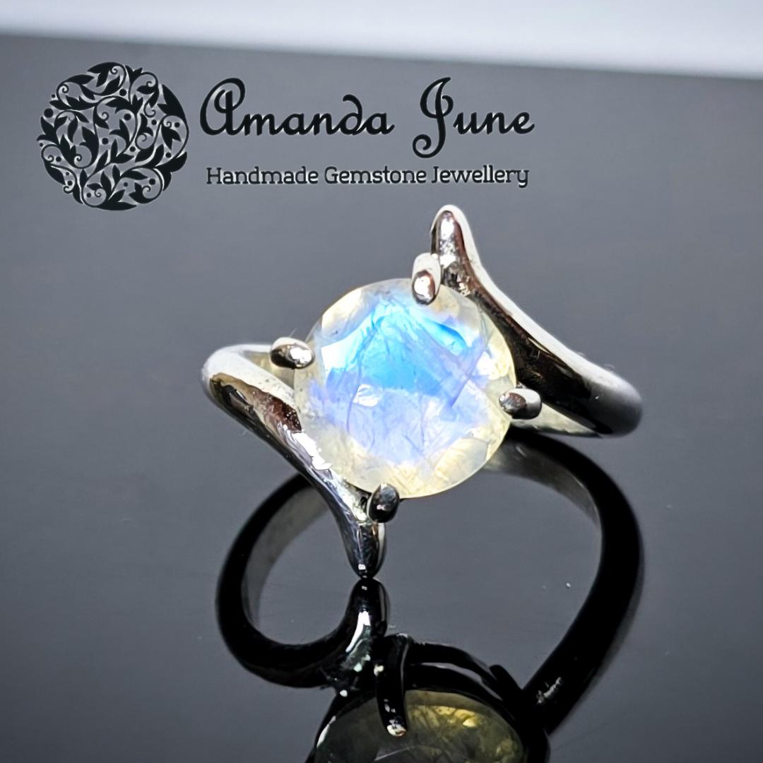 Rainbow Moonstone Gemstone Ring Handmade in Sterling Silver UK Size Q