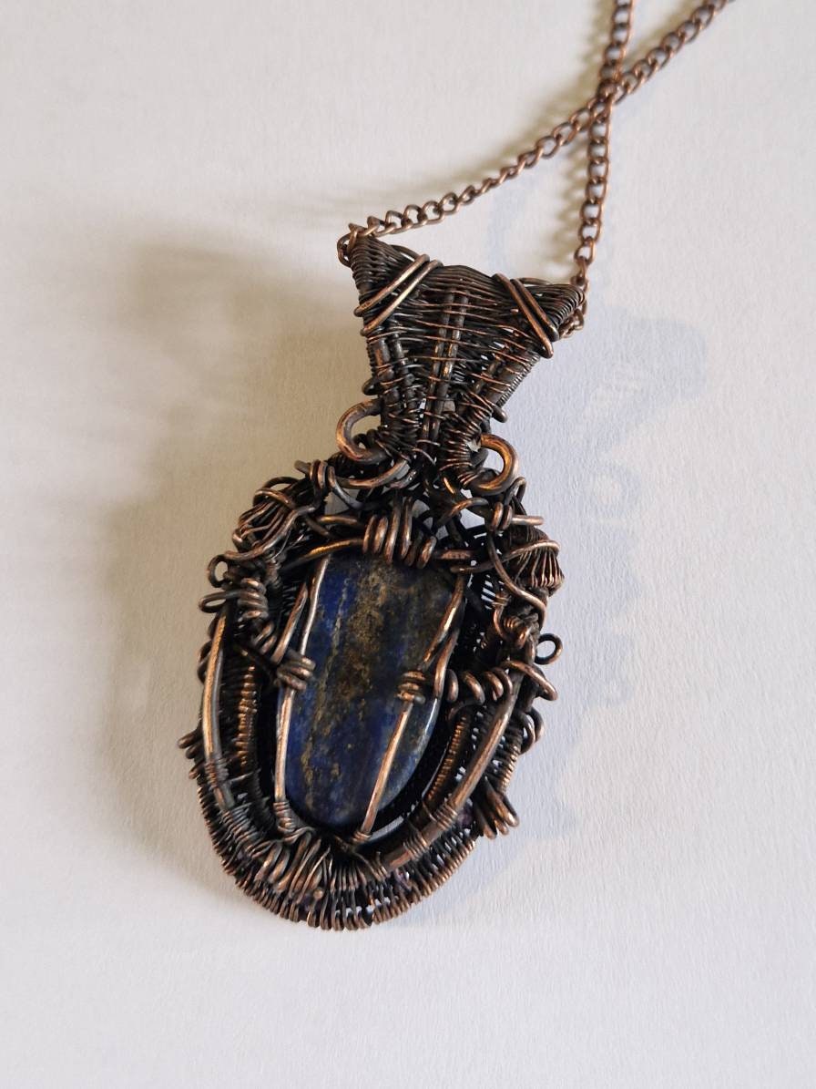 Lapis Lazuli and Cubic Zirconia Wire Wrapped Pendant in Copper