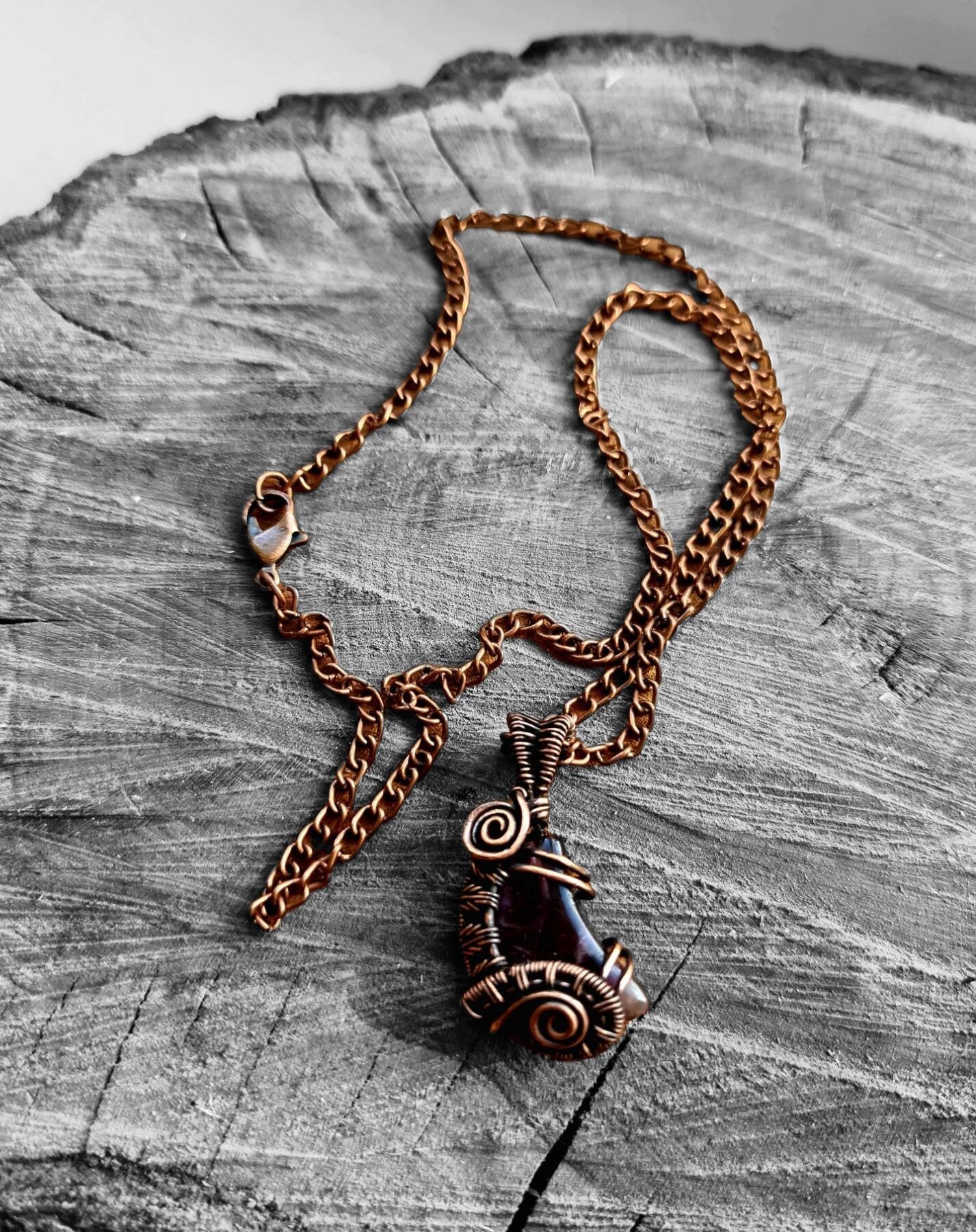 Amethyst Tiny Crescent Moon Wire Wrapped Pendant in Copper