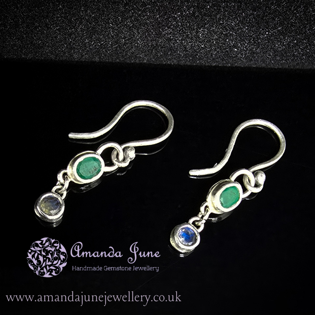 Emerald and Rainbow Moonstone Dangle Earrings - Sterling Silver - Artisan Crafted - Natural Gemstone - May/June Birthstone