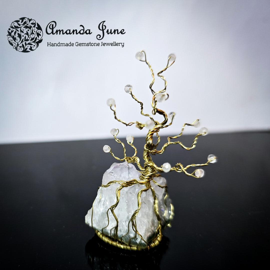 Tree of Life Ornament Rose Quartz Amethyst Gemstone and Brass