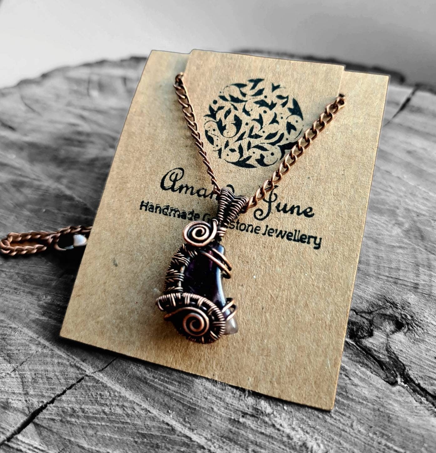 Amethyst Tiny Crescent Moon Wire Wrapped Pendant in Copper