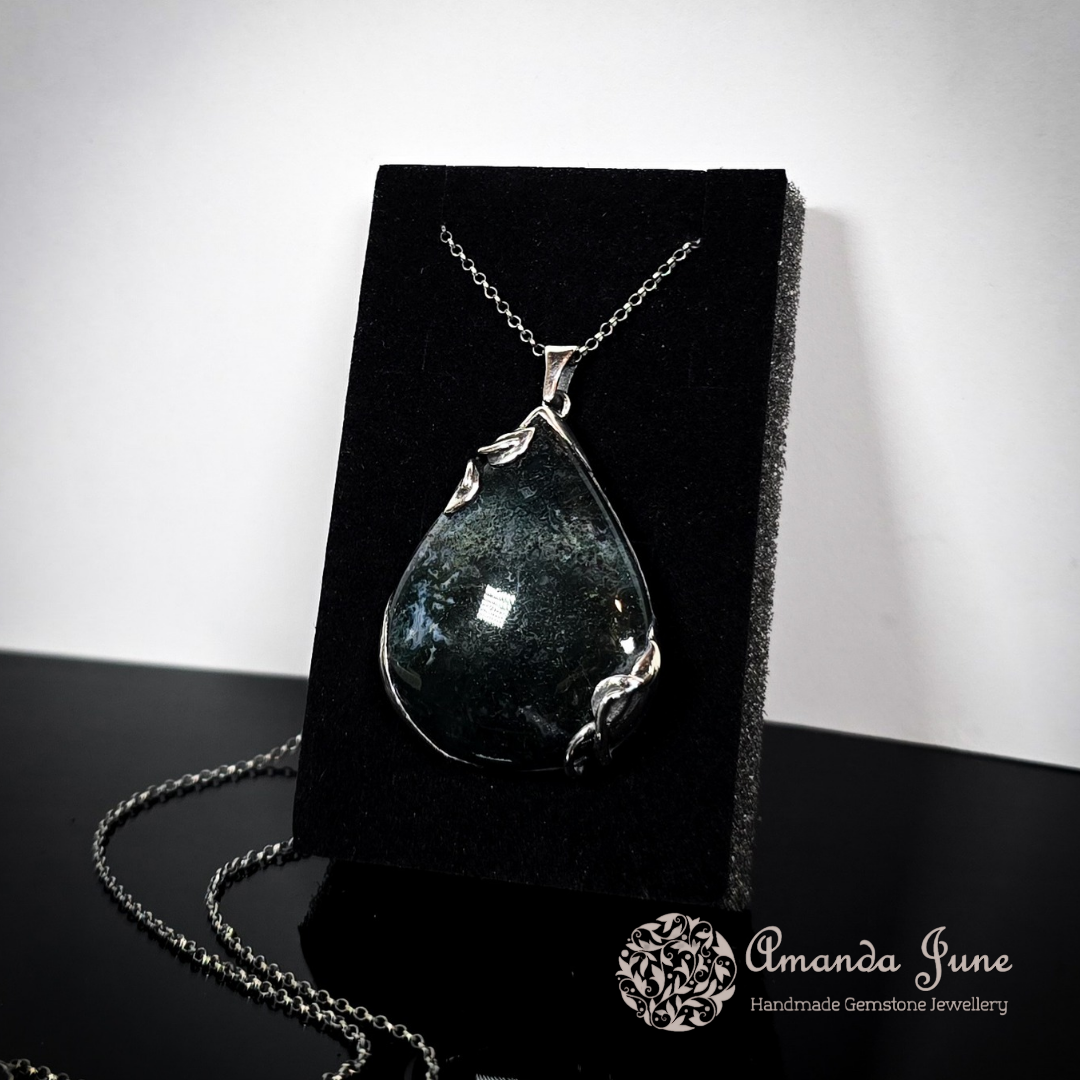 Moss Agate Gemstone Leaf Pendant Handmade in Sterling Silver