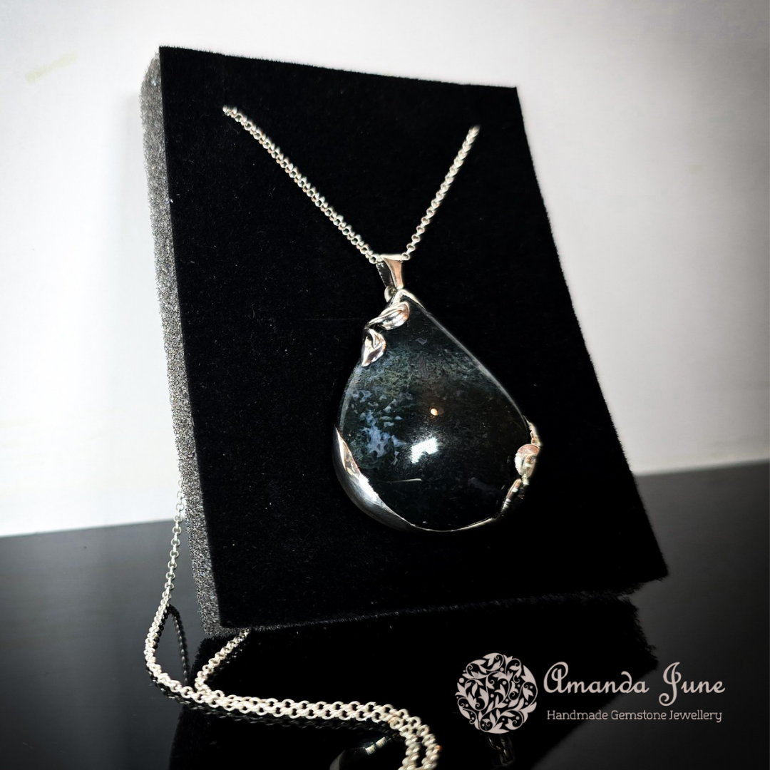 Moss Agate Gemstone Leaf Pendant Handmade in Sterling Silver