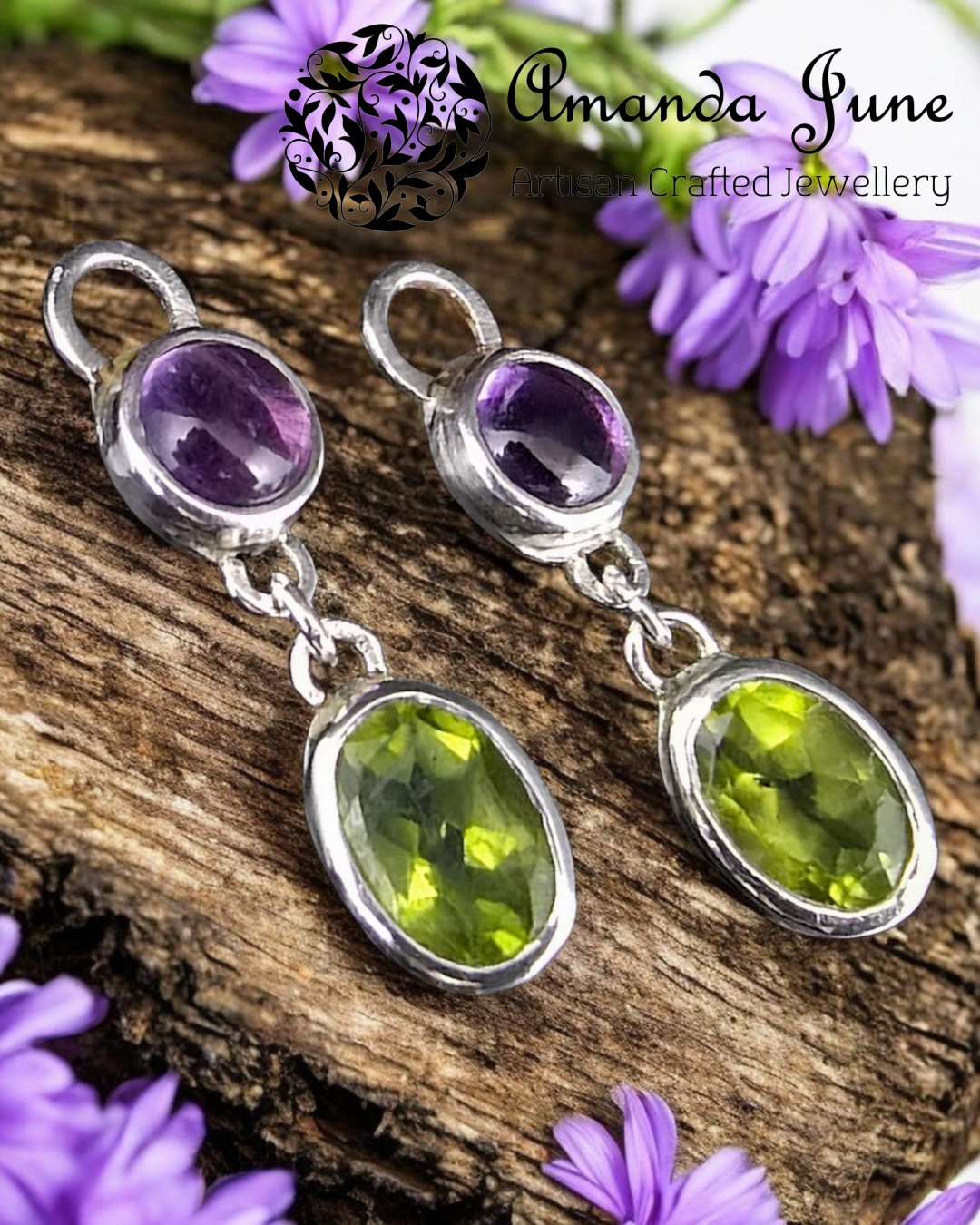 Amethyst and Peridot Charms – Sterling Silver -Natural Gemstone - February/August Birthstone
