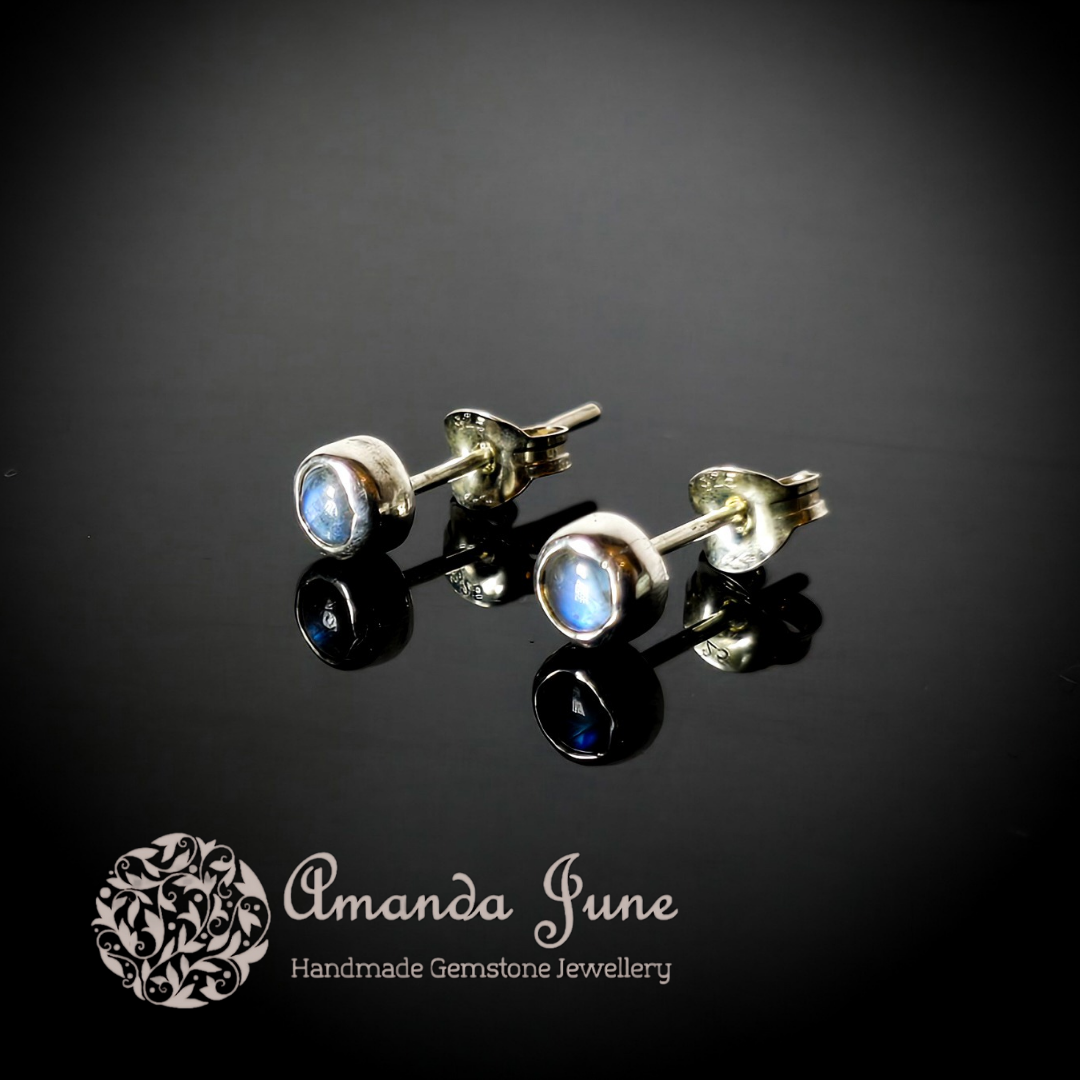 Rainbow Moonstone Dainty Gemstone Stud Earrings Handmade in Sterling Silver