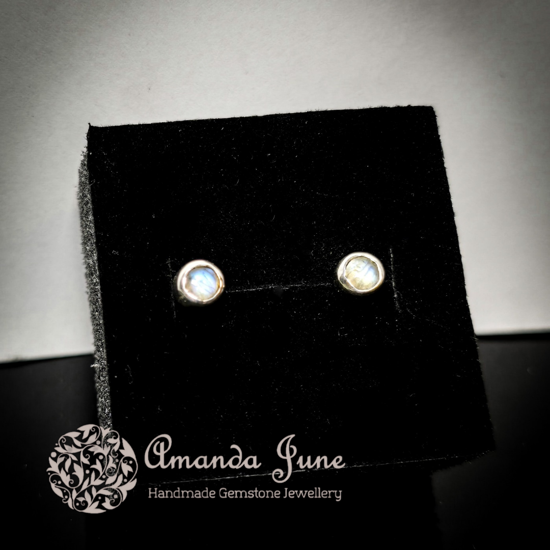 Rainbow Moonstone Dainty Gemstone Stud Earrings Handmade in Sterling Silver