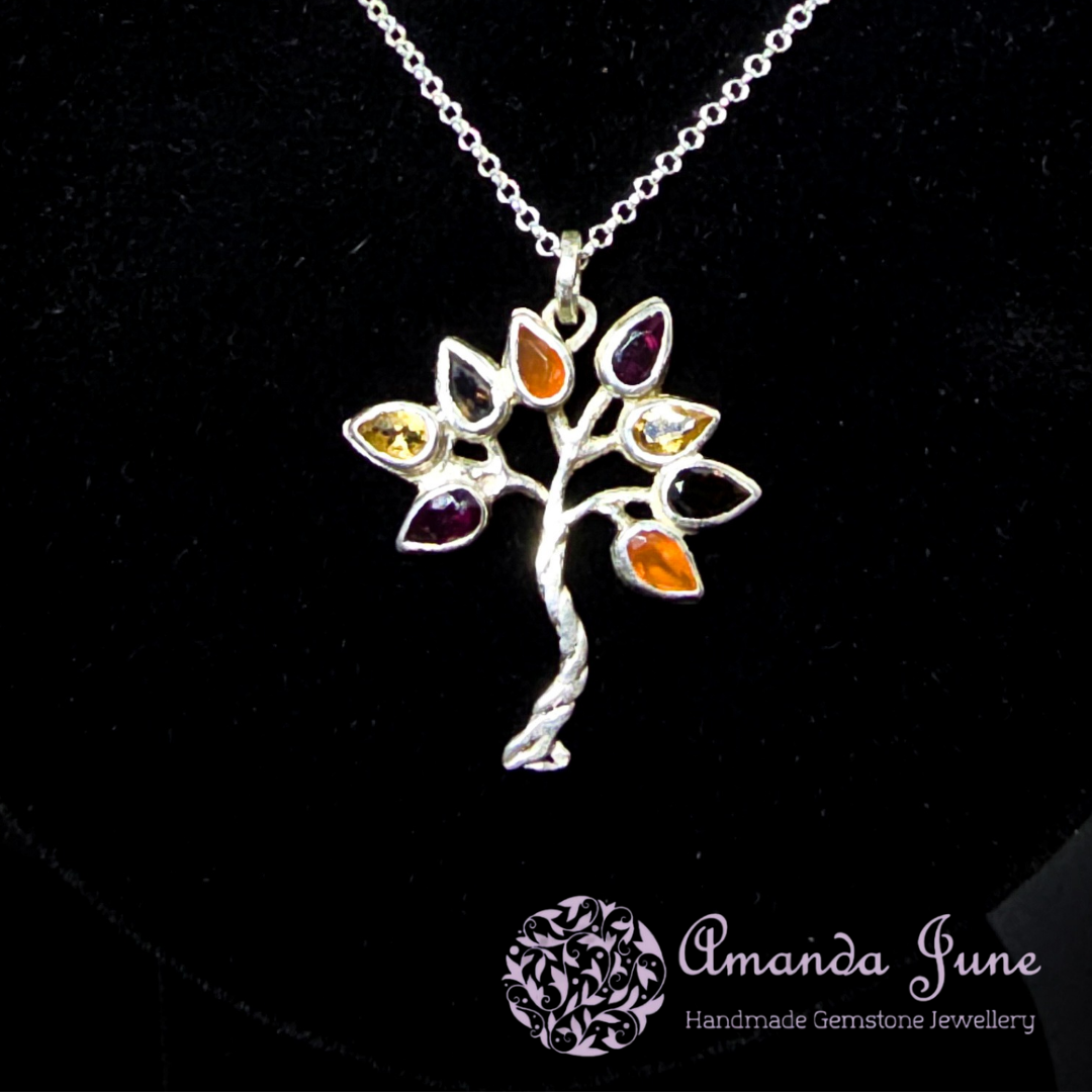 Citrine, Garnet, Carnelian and Smoky Quartz Tree Pendant in Sterling Silver Nature-Inspired Autumn Gemstone Necklace