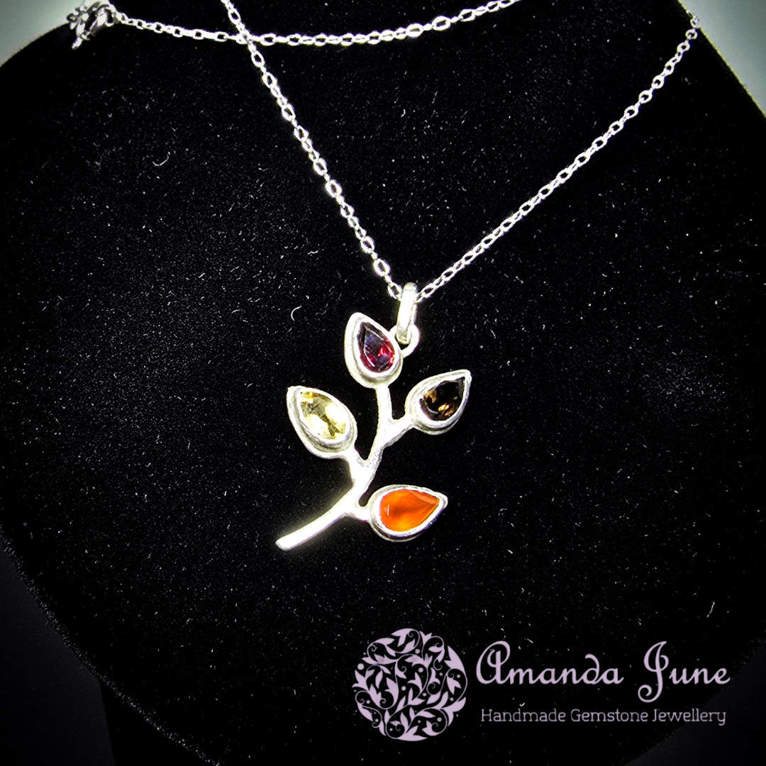 Citrine, Garnet, Carnelian and Smoky Quartz Leaf Pendant in Sterling Silver Nature-Inspired Gemstone Necklace
