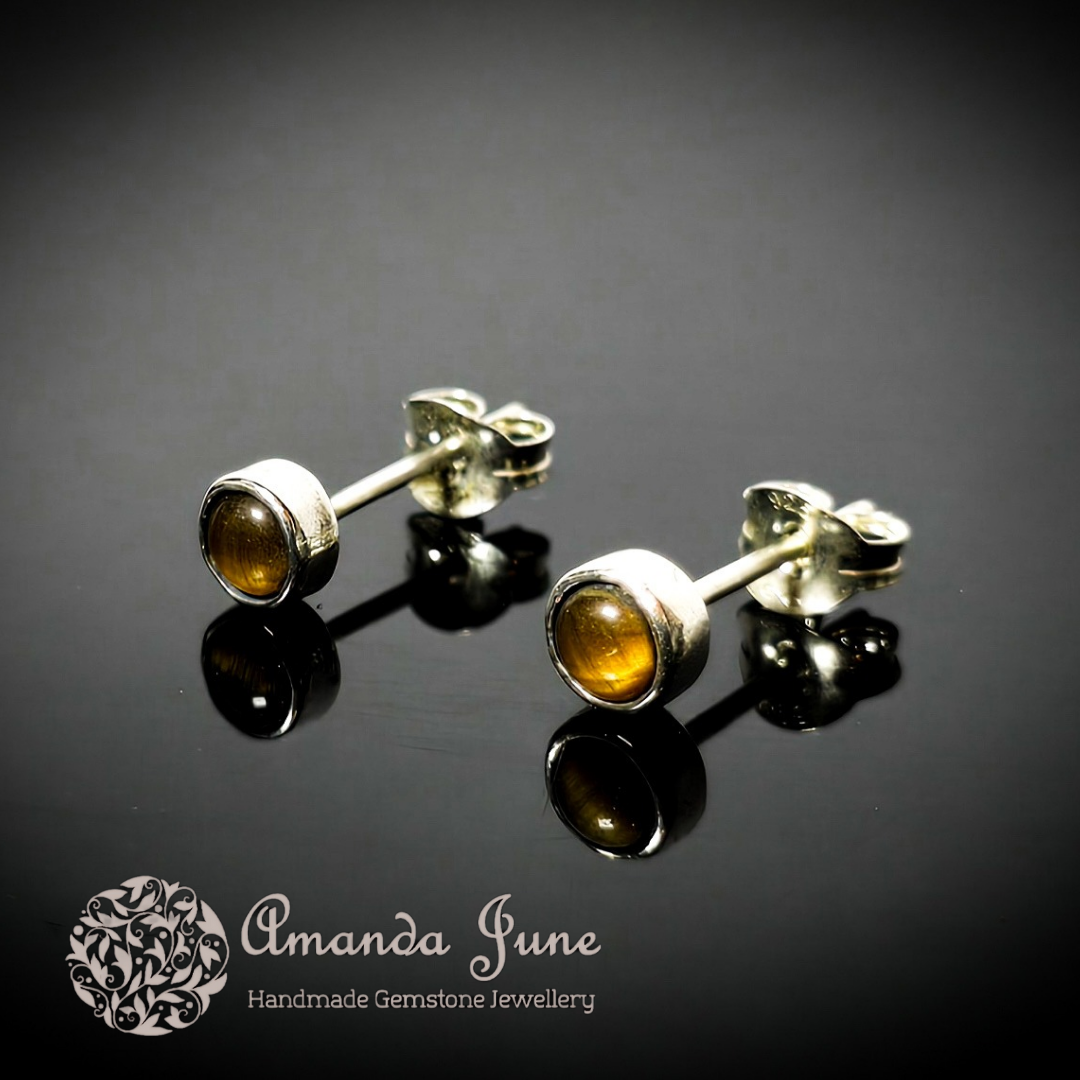 Tiger's Eye Unisex Gemstone Stud Earrings Handmade in Sterling Silver