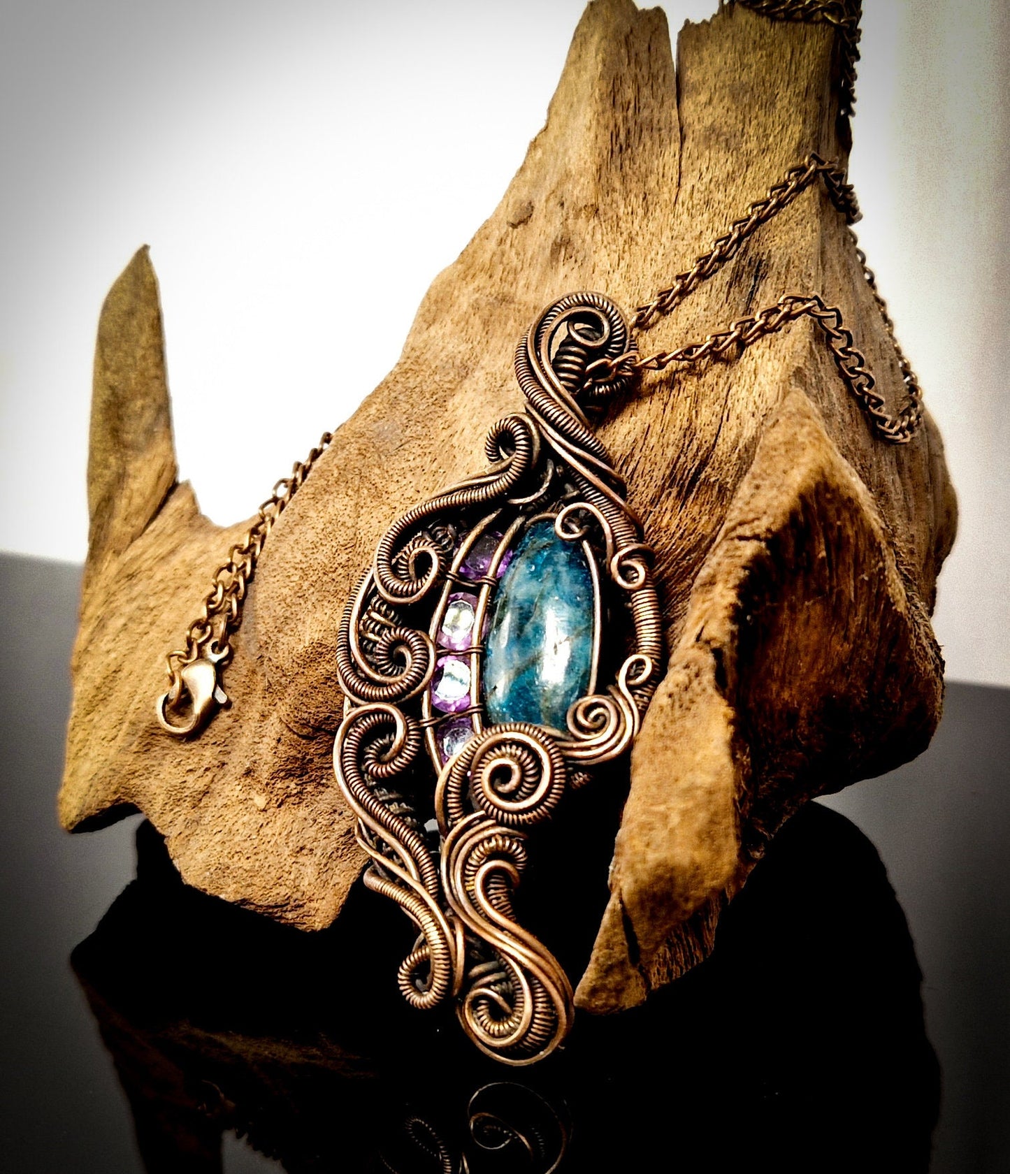 Apatite and Amethyst Gemstone Pendant in Copper