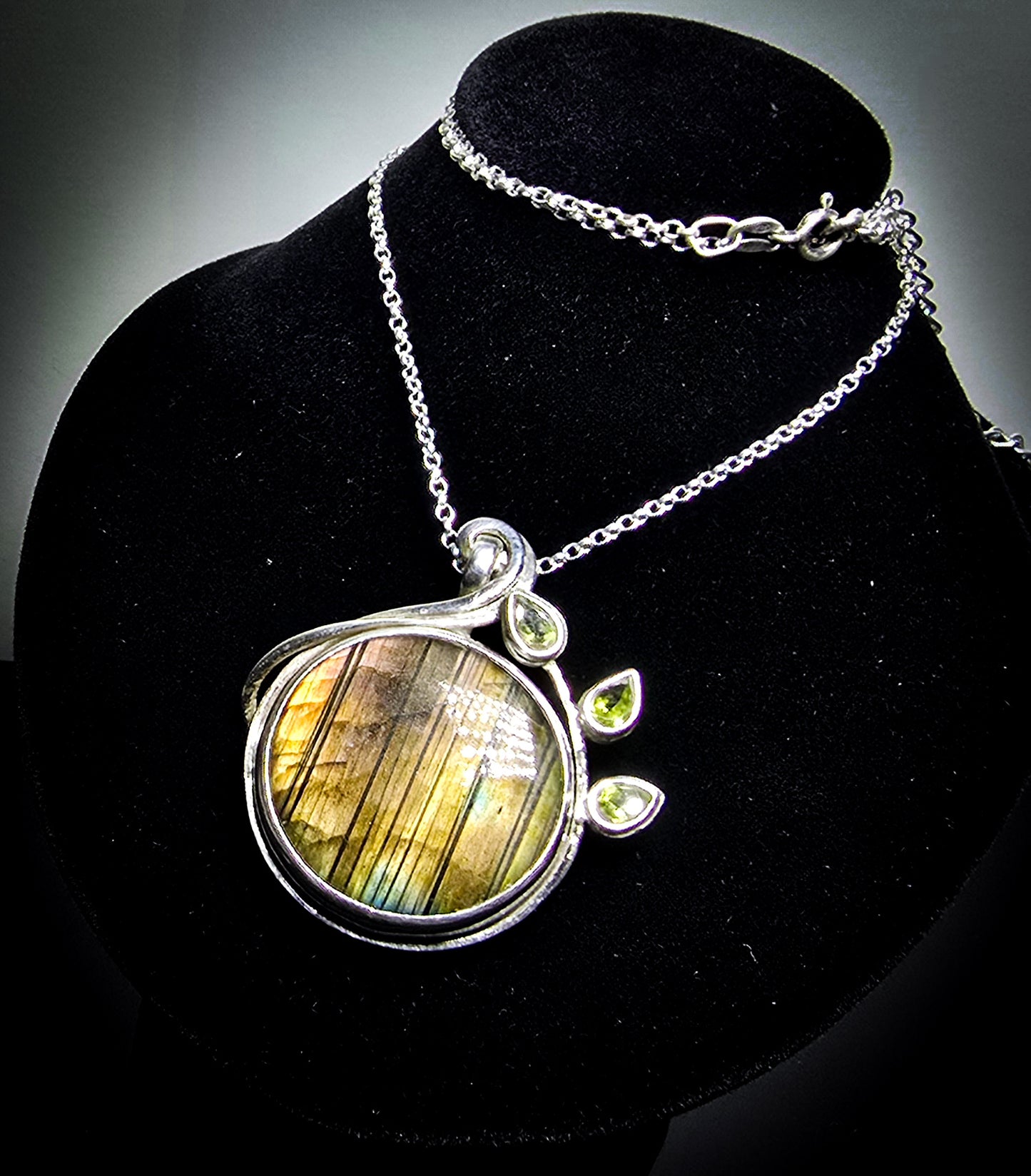 Labradorite and Peridot Leaf Pendant in Sterling Silver Nature-Inspired Gemstone Pendant