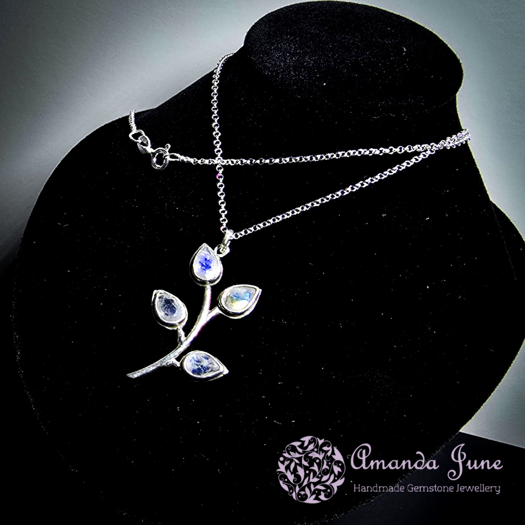 Rainbow Moonstone Leaf Pendant in Sterling Silver Nature-Inspired Handmade Gemstone Pendant
