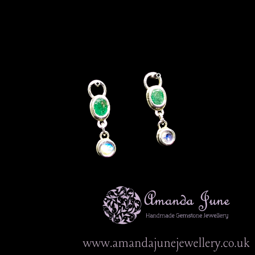 1 Pair of Emerald and Rainbow Moonstone Charms - Sterling Silver - Ear Styling for Pierced Ears - Artisan Crafted - Natural Gemstone - May or June Birthstone