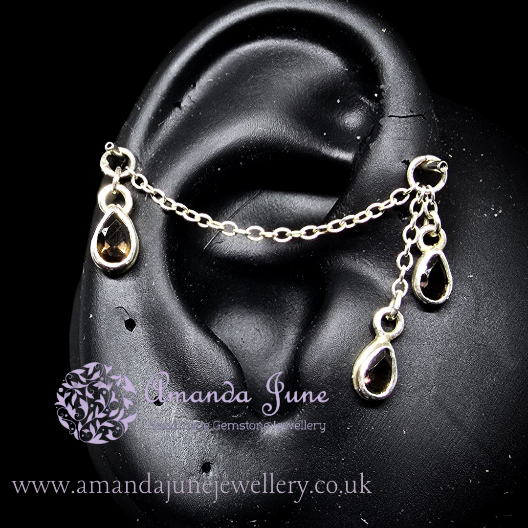 Smoky Quartz Gemstone Ear Chain - Sterling Silver - Ear Styling for Pierced Ears - Artisan Crafted - Natural Gemstone