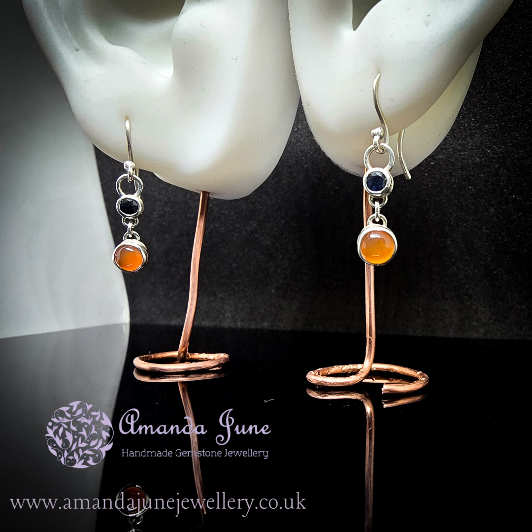 Carnelian and Sapphire Dangle Earrings - Sterling Silver -  Artisan Crafted - Natural Gemstone - September Birthstone