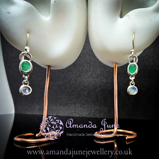 Emerald and Rainbow Moonstone Dangle Earrings - Sterling Silver - Artisan Crafted - Natural Gemstone - May/June Birthstone