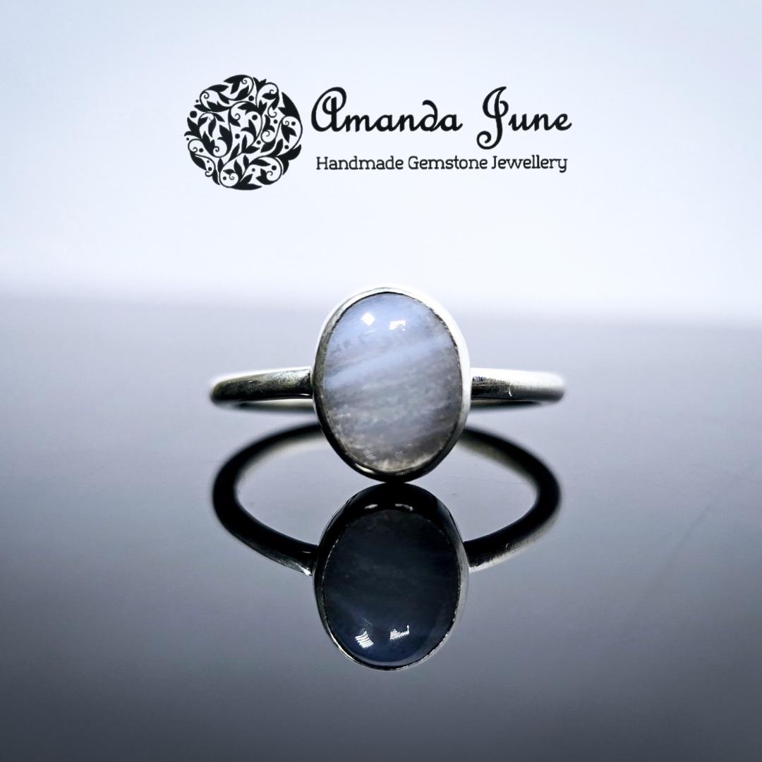 Blue Lace Agate Gemstone Ring Handmade in Sterling Silver UK Size Q