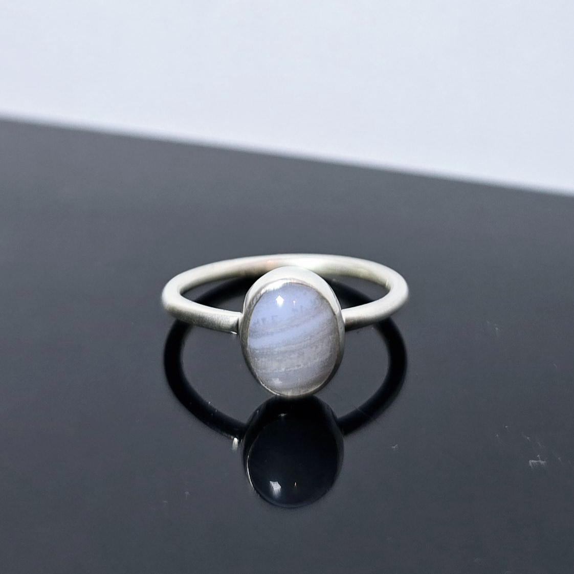Blue Lace Agate Gemstone Ring Handmade in Sterling Silver UK Size Q