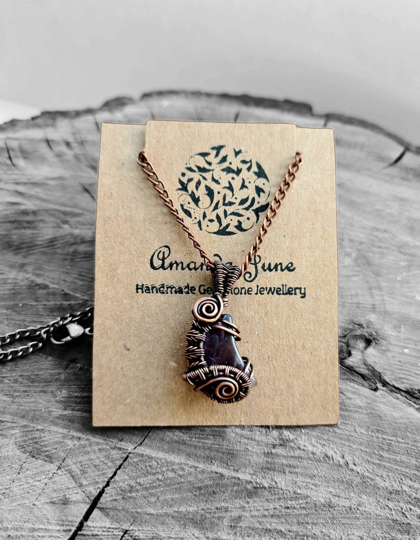 Amethyst Tiny Crescent Moon Wire Wrapped Pendant in Copper