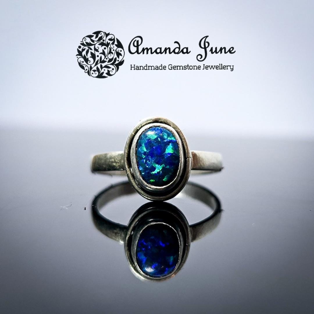 Black Opal Gemstone Ring Handmade in Sterling Silver UK Size M