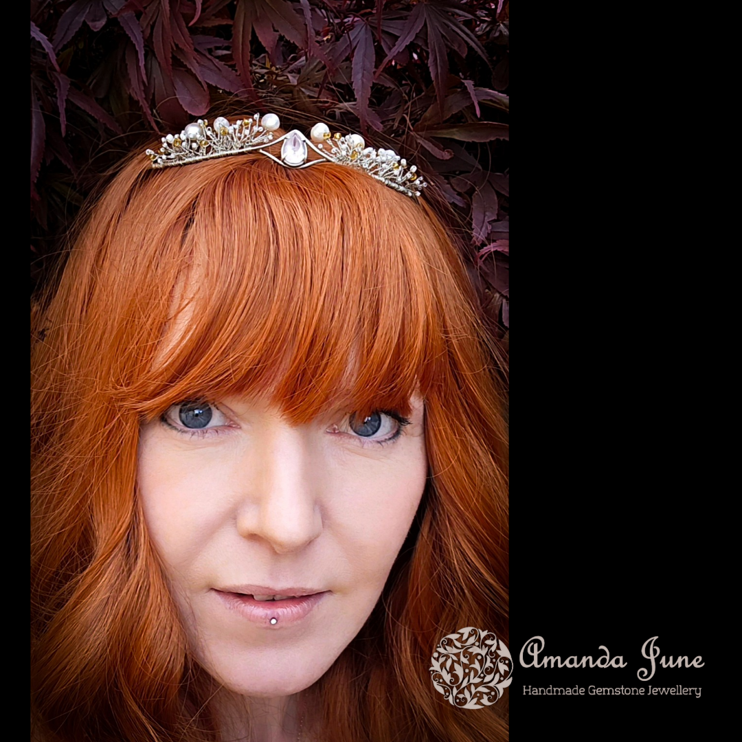 Rose Quartz and Natural Pearl Bridal Tiara Handmade in Sterling Silver