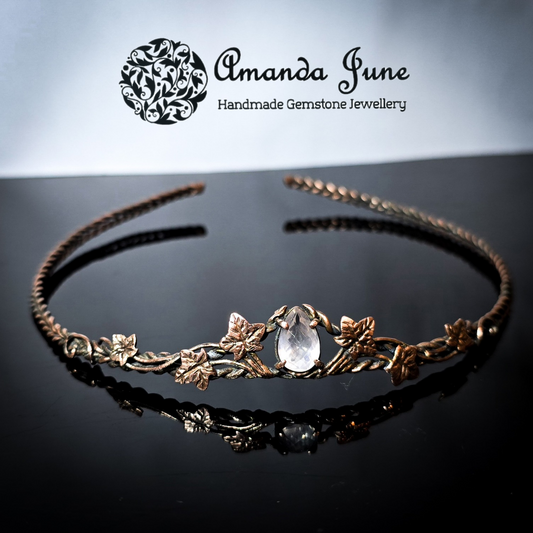 Handmade Copper Ivy Leaf Bridal Tiara with Rose Quartz