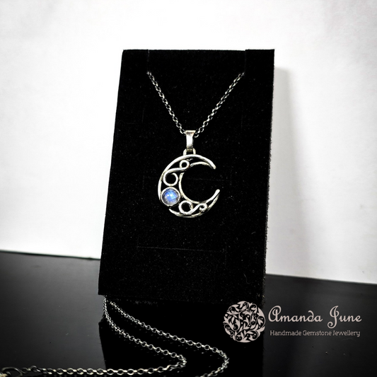 Rainbow Moonstone Gemstone Crescent Moon Pendant Handmade in Sterling Silver