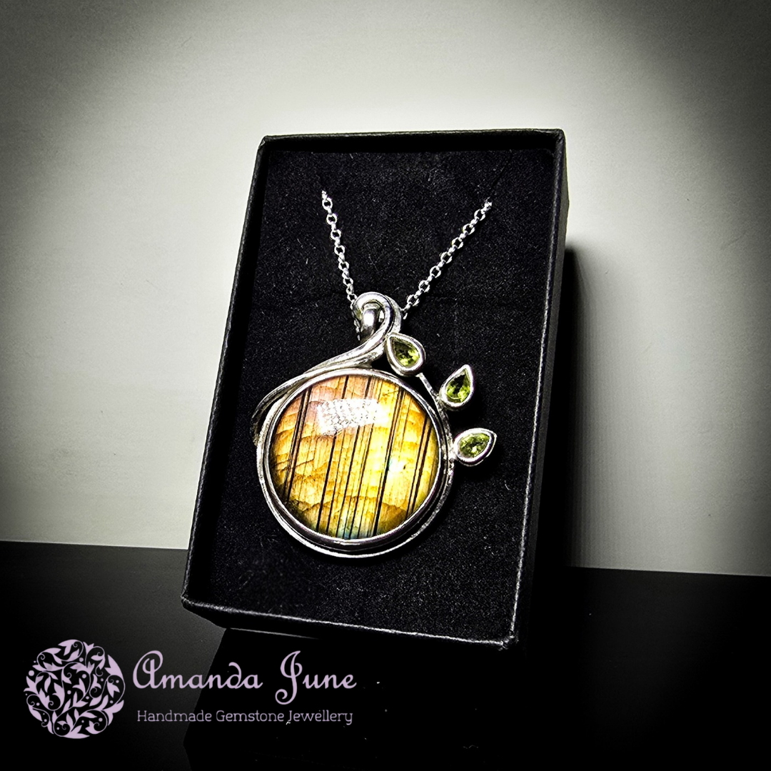 Labradorite and Peridot Leaf Pendant in Sterling Silver Nature-Inspired Gemstone Pendant