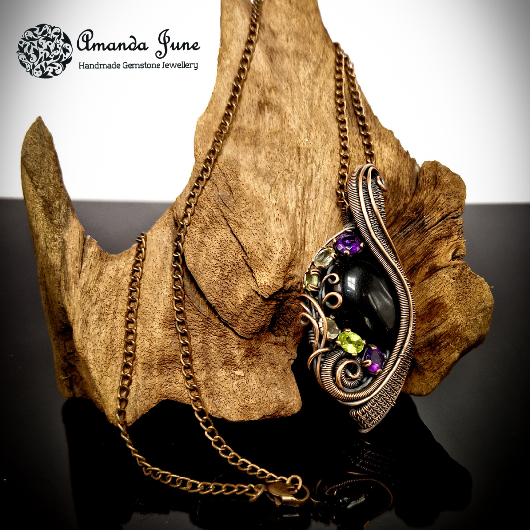Onyx, Amethyst, Peridot and Citrine Copper Wire Wrapped Gemstone Pendant