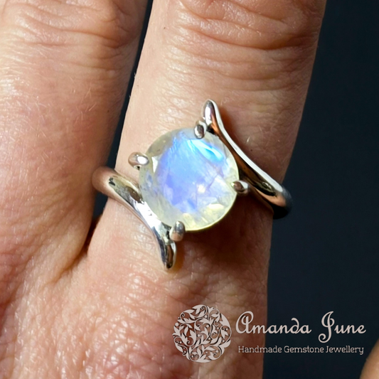 Rainbow Moonstone Gemstone Ring Handmade in Sterling Silver UK Size Q