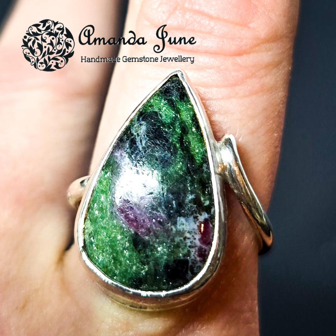Ruby in Zoisite Gemstone Ring Handmade in Sterling Silver UK Size N 1/2